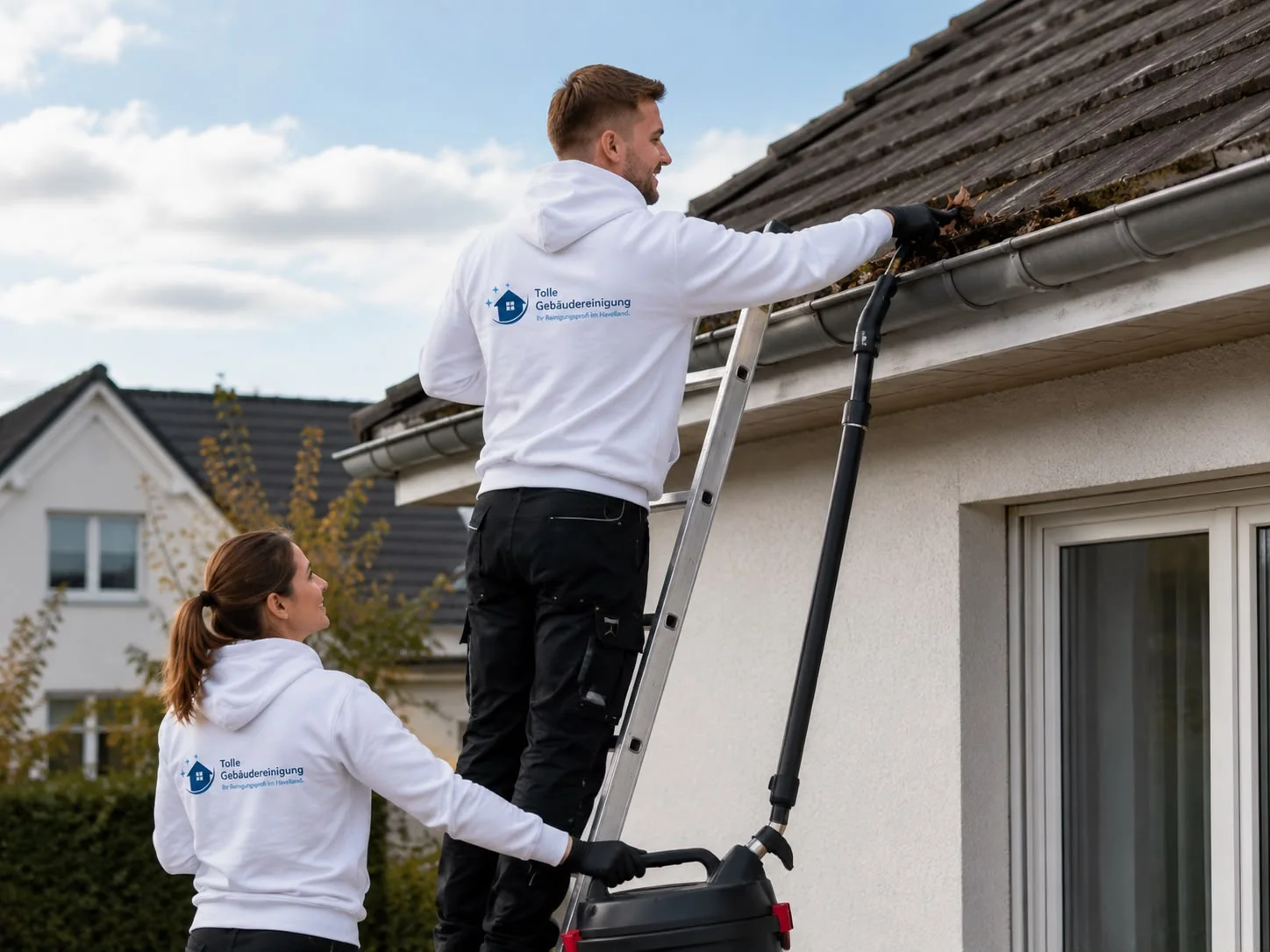 Team von Tolle Gebäudereinigung reinigt eine Dachrinne am Wohnhaus im Havelland